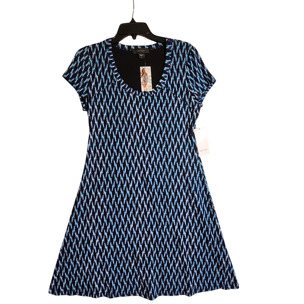 Karen Kane NWT Womens L Tropicalli T Shirt Dress Blue Black USA Travel Vacation